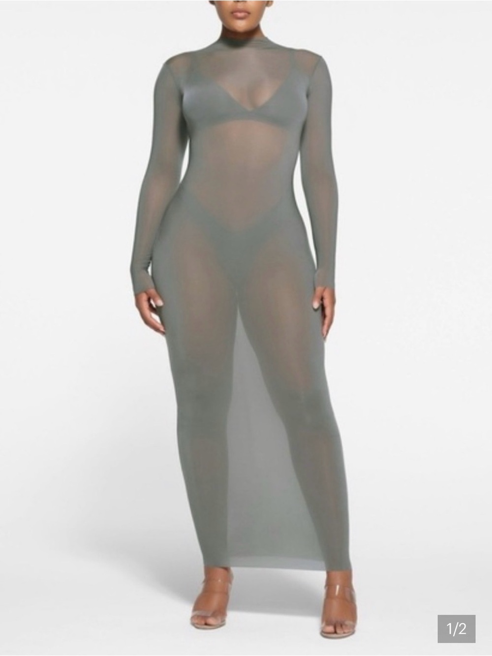SKIMS milky sheer Long Sleeve Maxi Dress in Olive Gray “Gunmetal”